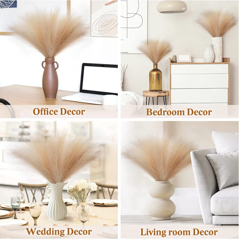 Artificial Brown Pampas Grass Fake Flowers Silk Reed Simulated Feather Wedding Decoration Bouquet Home Decor Floral Arrange DIY