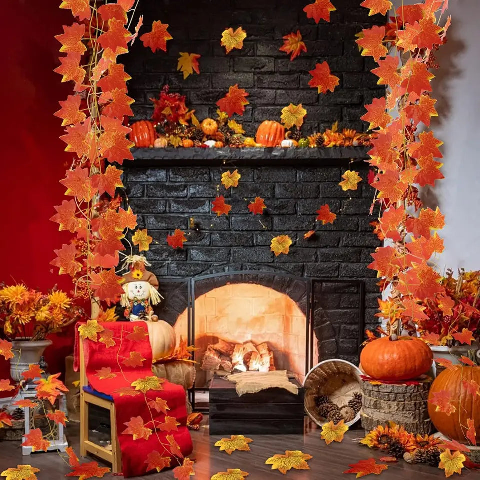 Artificial Fall Maple Leaf Vine Plant Garland 220cm Autumn Leaves Hanging Plants for Halloween Thanksgiving Room Home Decor