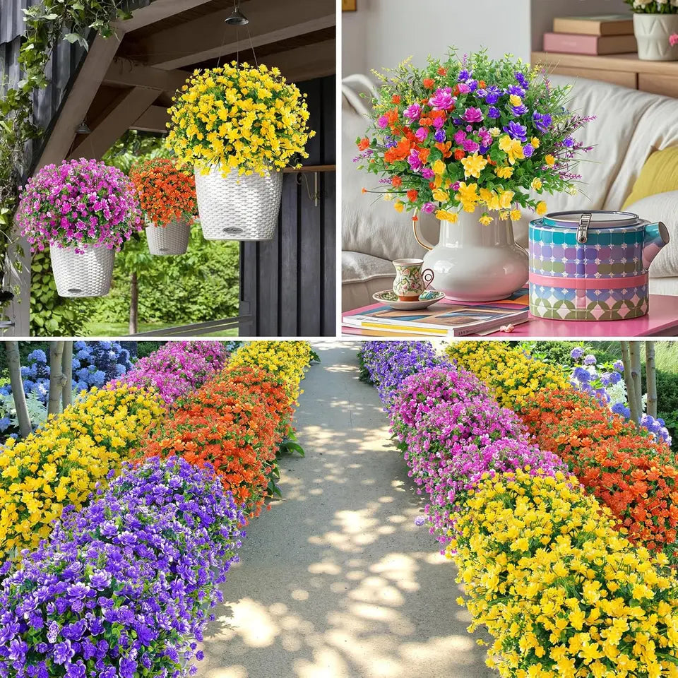 12PCS Artificial Flowers Outdoor Mixed Bouquet UV Resistant Plastic Fake Flower Shrubs Plants for Porch Spring Home Garden Decor