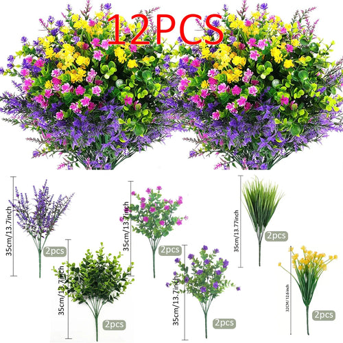 12PCS Artificial Flowers Outdoor Mixed Bouquet UV Resistant Plastic Fake Flower Shrubs Plants for Porch Spring Home Garden Decor
