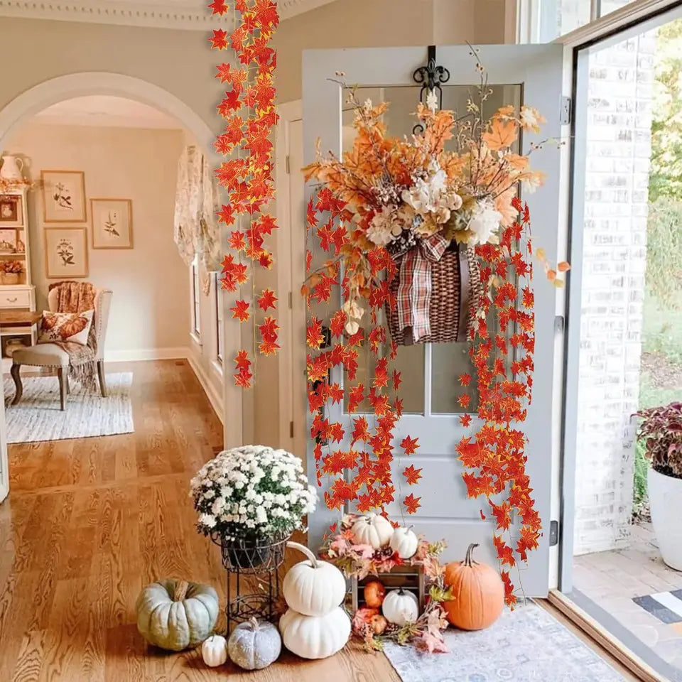 Artificial Fall Maple Leaf Vine Plant Garland 220cm Autumn Leaves Hanging Plants for Halloween Thanksgiving Room Home Decor