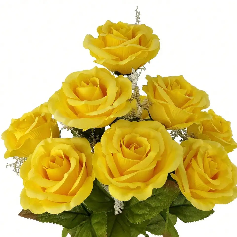 Yellow Artificial Rose Bush 17.5 Inch Fake Flower Plant For Home Indoor Decor
