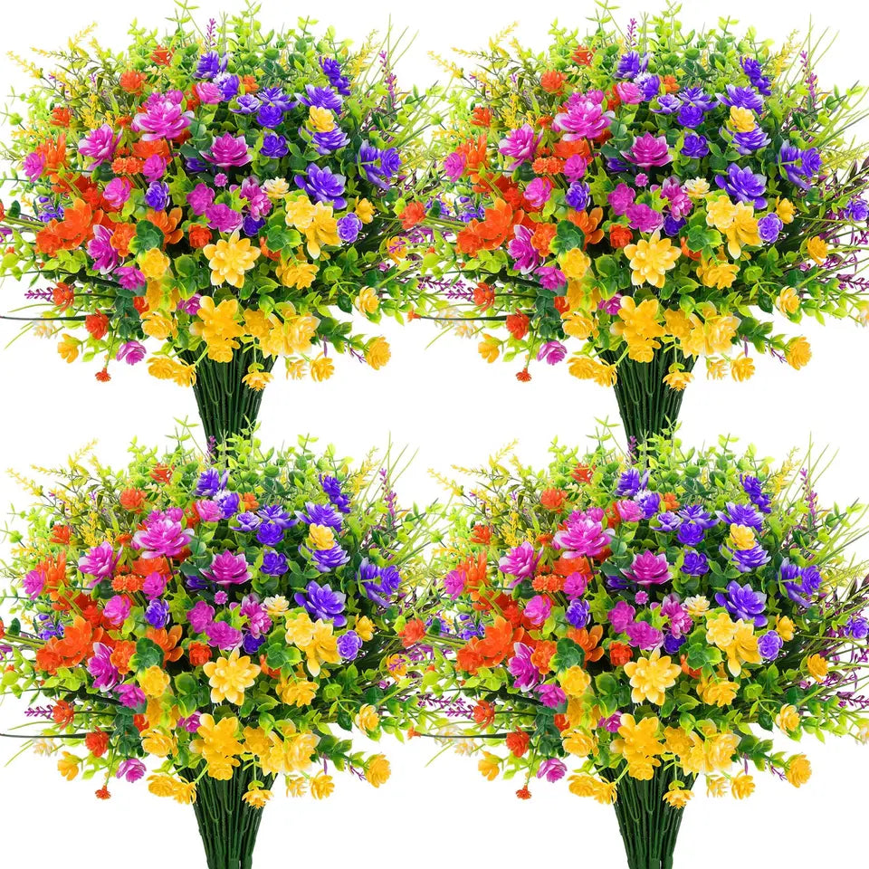 12PCS Artificial Flowers Outdoor Mixed Bouquet UV Resistant Plastic Fake Flower Shrubs Plants for Porch Spring Home Garden Decor