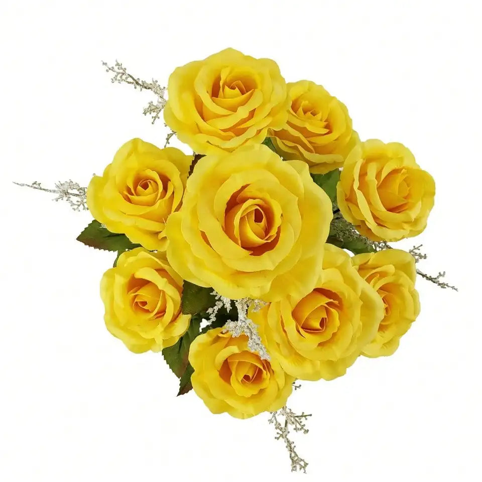 Yellow Artificial Rose Bush 17.5 Inch Fake Flower Plant For Home Indoor Decor