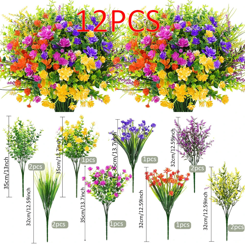 12PCS Artificial Flowers Outdoor Mixed Bouquet UV Resistant Plastic Fake Flower Shrubs Plants for Porch Spring Home Garden Decor