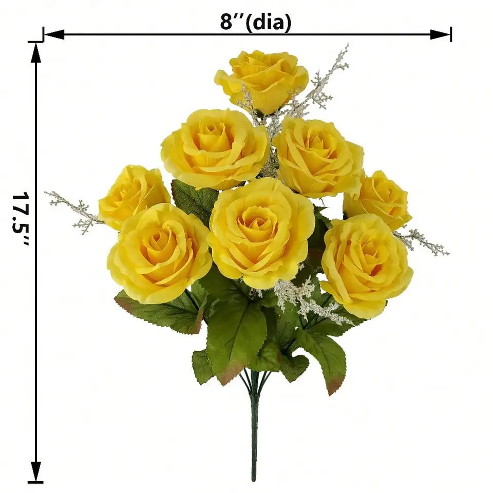 Yellow Artificial Rose Bush 17.5 Inch Fake Flower Plant For Home Indoor Decor