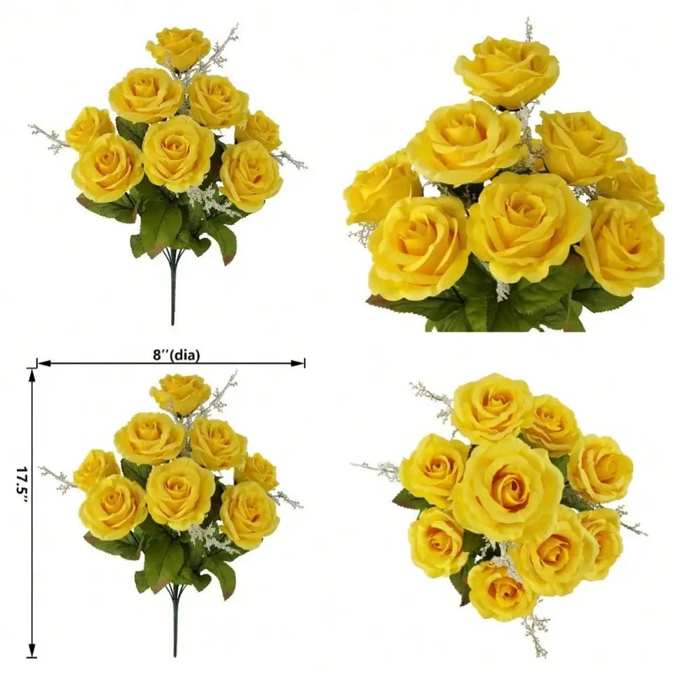 Yellow Artificial Rose Bush 17.5 Inch Fake Flower Plant For Home Indoor Decor