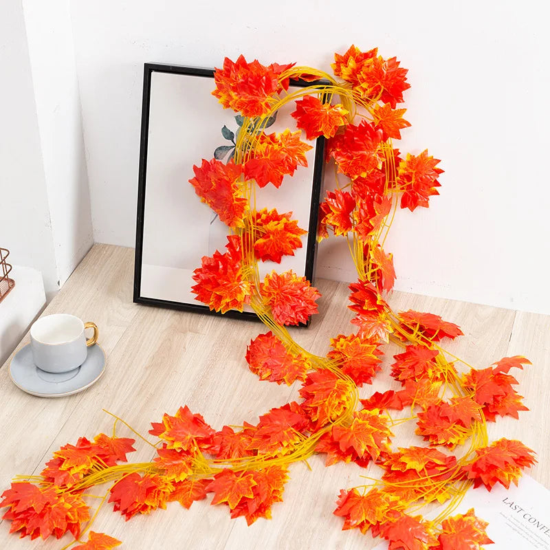 Artificial Fall Maple Leaf Vine Plant Garland 220cm Autumn Leaves Hanging Plants for Halloween Thanksgiving Room Home Decor