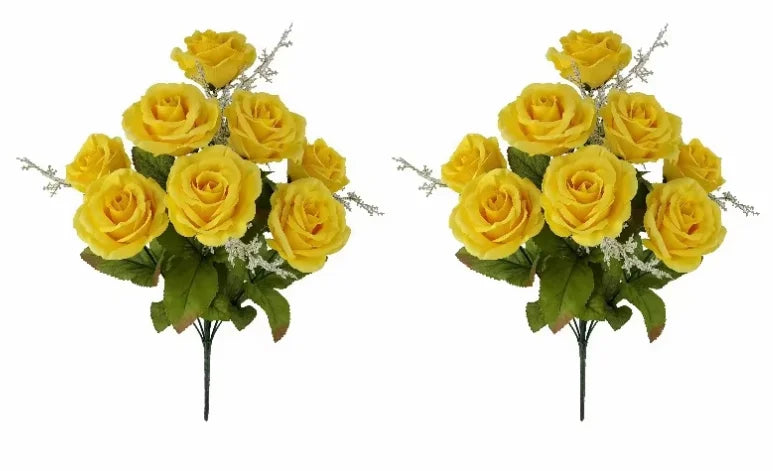 Yellow Artificial Rose Bush 17.5 Inch Fake Flower Plant For Home Indoor Decor
