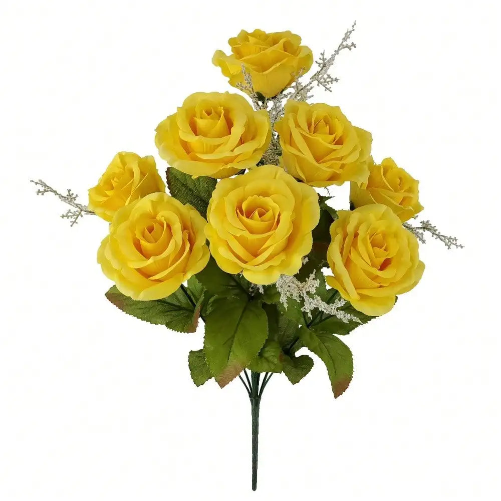 Yellow Artificial Rose Bush 17.5 Inch Fake Flower Plant For Home Indoor Decor
